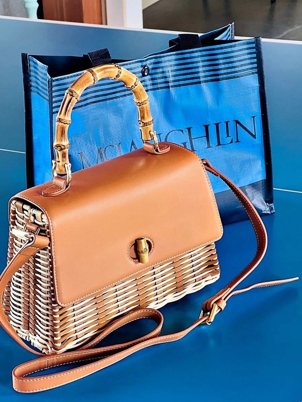 J.MCLAUGHLIN Irene Handbag Wicker Leather Crossbody Bag Top Handle NWT